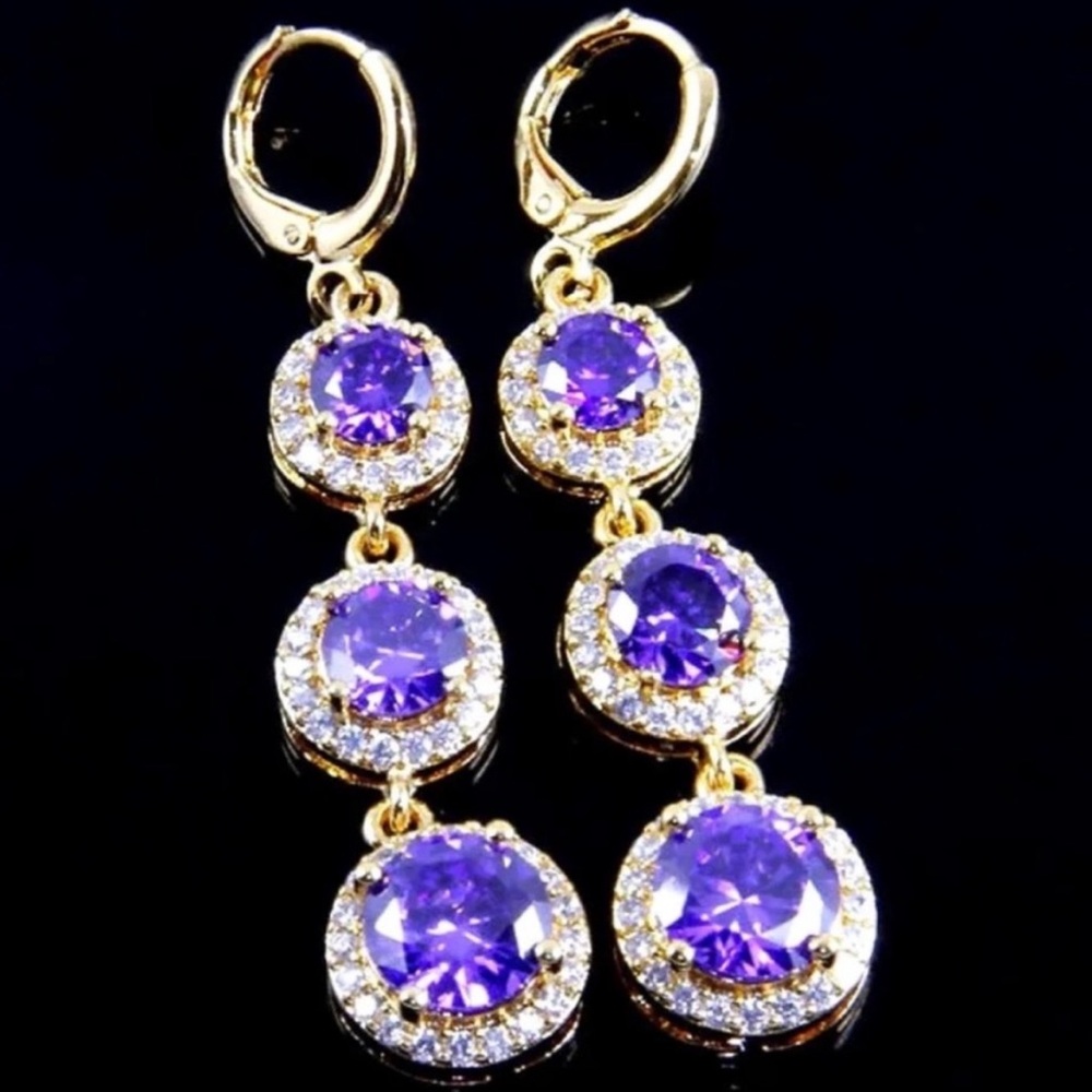 Micro Pave AMETHYST Cz purple Gold Halo Hoop Drop Dangle long statement Earrings
